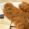 Two densely woven nest-like masses of an orange-brown lichen rest on various sheets of card on a wooden surface. 