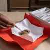 A moss specimen on an unfolded white paper packet that is sitting inside a large red paper packet. Someone's hand is visible. They are using a pair of fine forceps to examine the specimen. A white shoe-box sized cardboard box sits filled with folded paper packets sits next to the specimen.